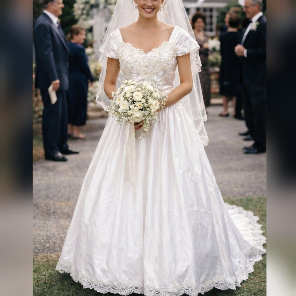 Forever Yours Vintage 80s 90s White Satin & Lace Wedding Dress sz 12